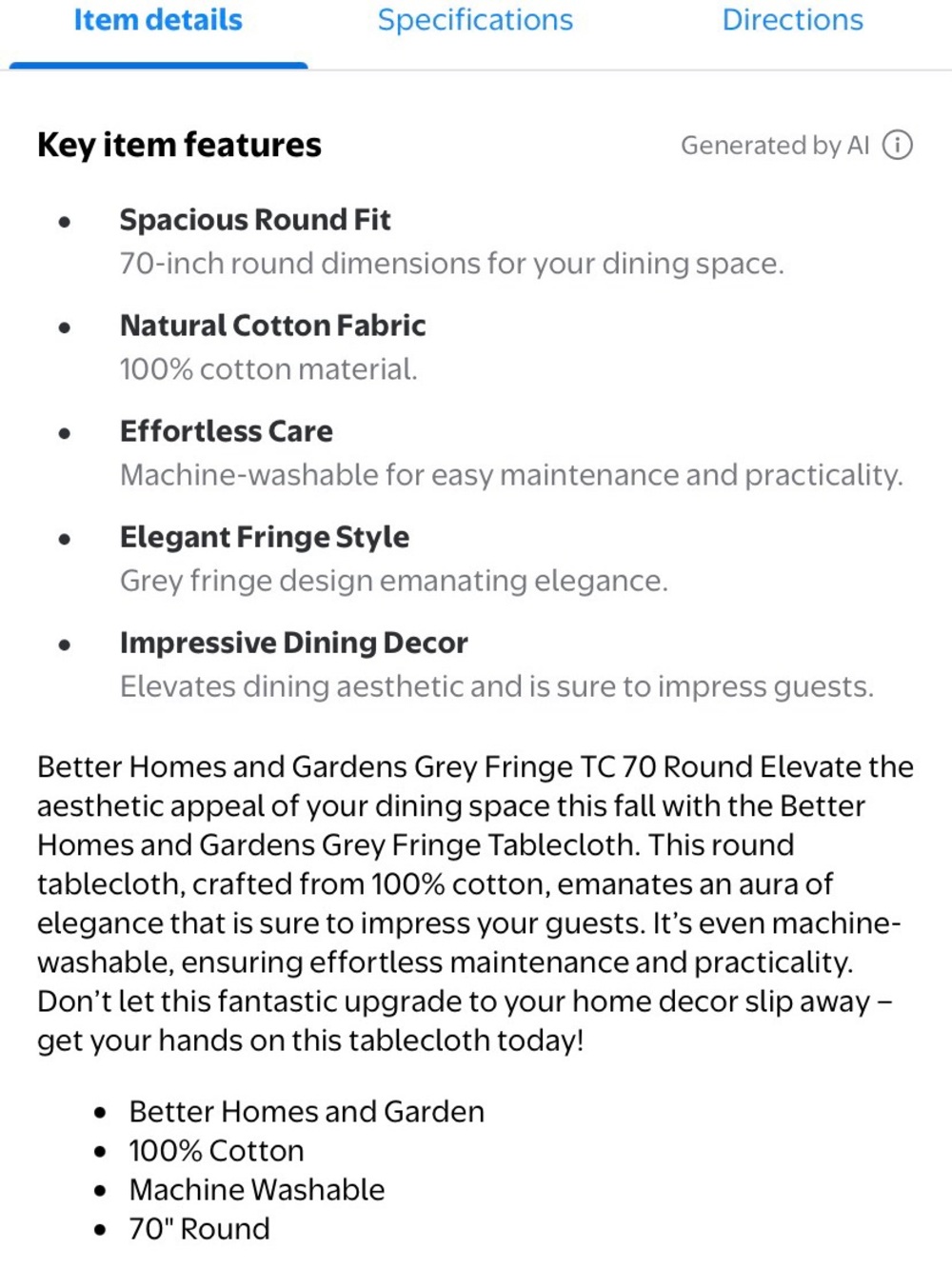 Better Homes & Gardens tablecloth 70” Round Gray & Natural Fringe Cotton - Picture 5 of 5